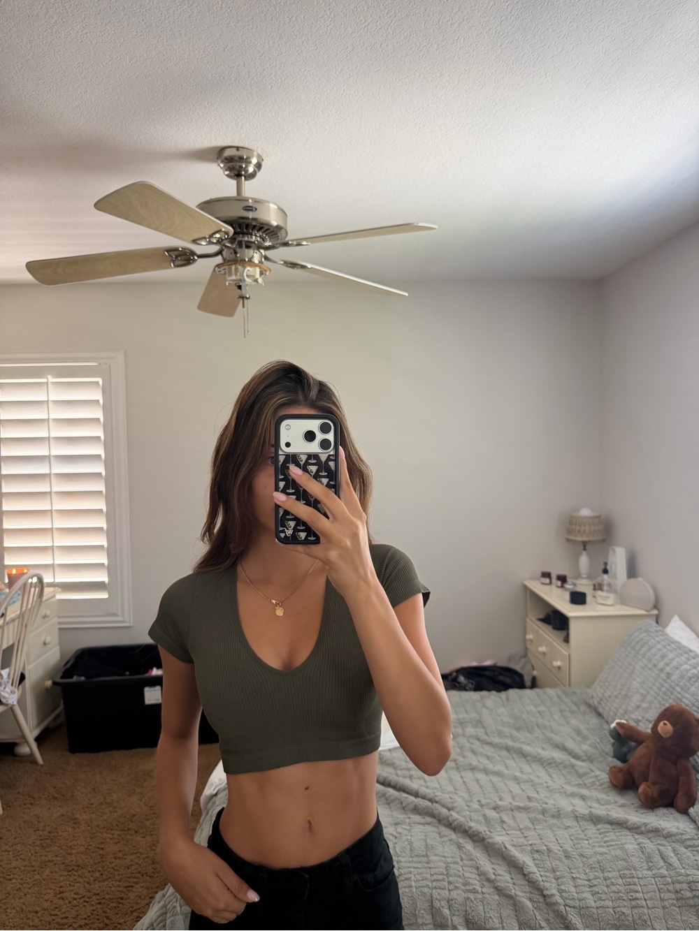Garage Olive Green Ribbed V-Neck Crop Top - Women